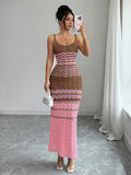 Front mirror view of brown pink chevron crochet maxi dress with scoop neckline
