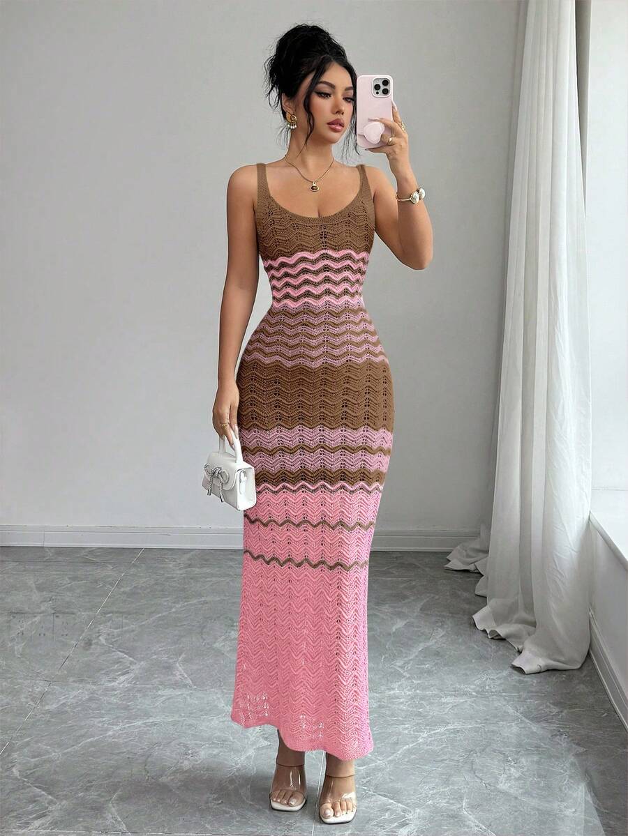 Front mirror view of brown pink chevron crochet maxi dress with scoop neckline