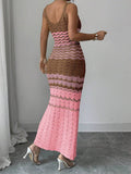 Back view of pink brown crochet bodycon maxi dress with flared hem
