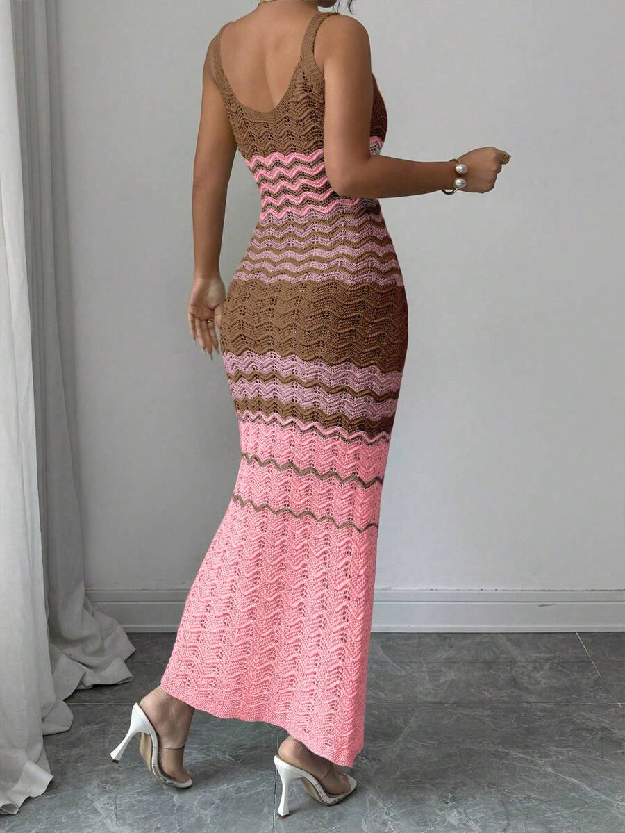 Back view of pink brown crochet bodycon maxi dress with flared hem