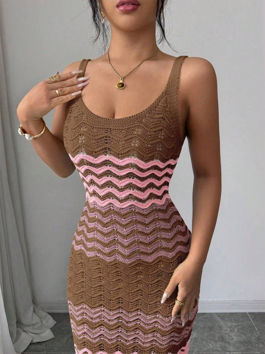 Front view of brown pink openwork chevron knit bodycon dress