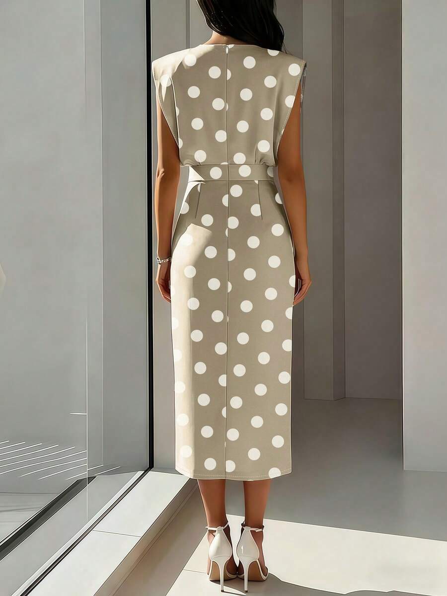 Image 6 - full length view of Elegant Plus Size Sleeveless Pink and White Polka Dot Dress for Summer Weddings and Cruises