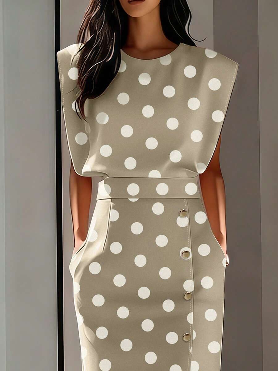 Image 5 - neckline detail of Elegant Plus Size Sleeveless Pink and White Polka Dot Dress for Summer Weddings and Cruises