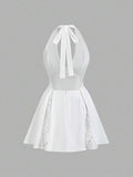 Back view of beige lace mini dress for weddings and vacation evenings