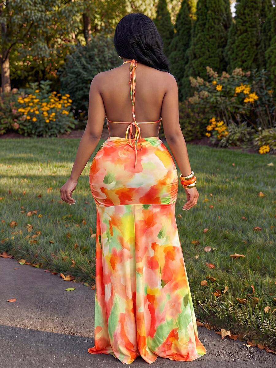 Side view of elegant floral print maxi dress - perfect for summer vacations, beach days, and romantic outings with maxi dress silhouette, summer styling for summer casual wear
