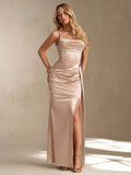 satin corset cowl neck maxi dress in dusty rose, champagne, ice blue and black with spaghetti straps, structured boned waist panel, ruched bust, draped hip sash and high thigh slit image 10