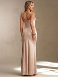 satin corset cowl neck maxi dress in dusty rose, champagne, ice blue and black with spaghetti straps, structured boned waist panel, ruched bust, draped hip sash and high thigh slit image 11