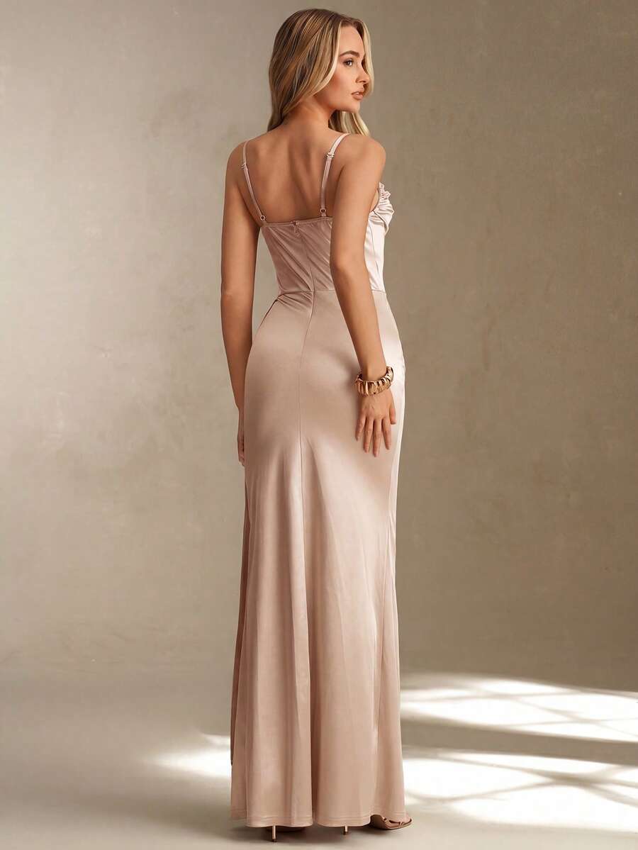 satin corset cowl neck maxi dress in dusty rose, champagne, ice blue and black with spaghetti straps, structured boned waist panel, ruched bust, draped hip sash and high thigh slit image 11