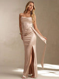 satin corset cowl neck maxi dress in dusty rose, champagne, ice blue and black with spaghetti straps, structured boned waist panel, ruched bust, draped hip sash and high thigh slit image 2
