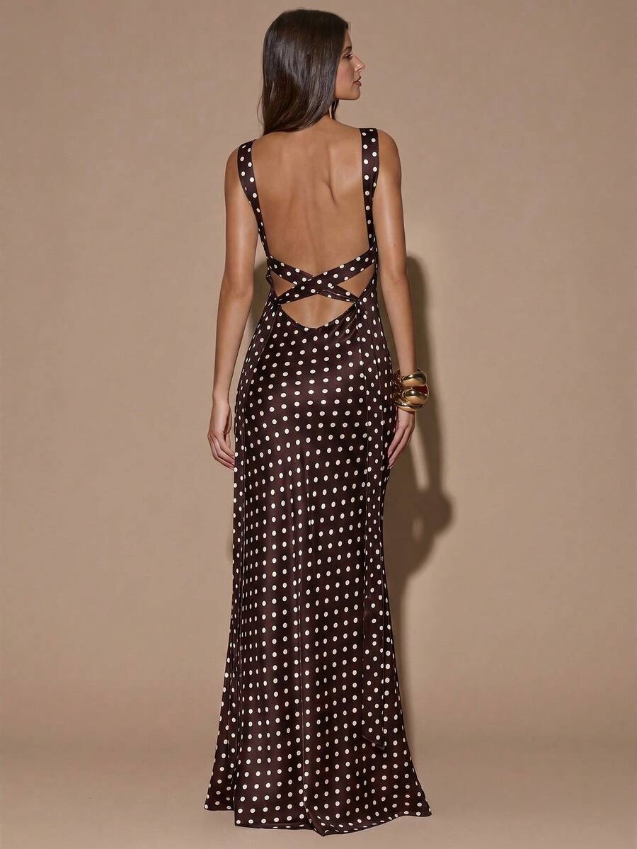 Back view of dark brown sleeveless deep V-neck maxi dress with crossed open back, shown for wedding and evening wear