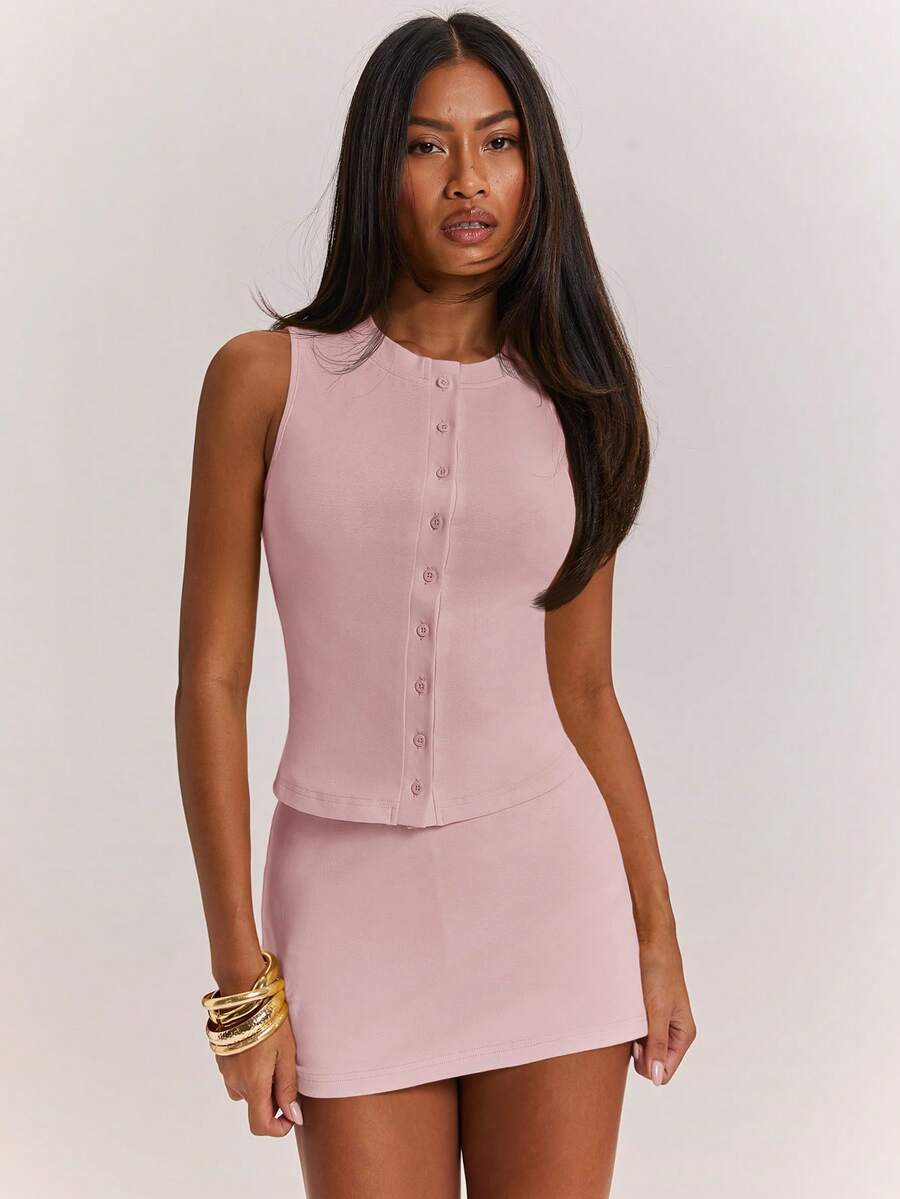 Back view of Trendy Summer Striped Knit Tank Top and Low Waist Mini Skirt Set for Women - Perfect for Brunch, Dates, and Beach Holidays for women co-ord styling