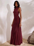 Burgundy high neck ruched mesh mermaid maxi dress front view
