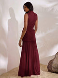 Burgundy sleeveless mesh maxi dress side view
