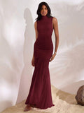 Burgundy sheer flared mermaid dress back view
