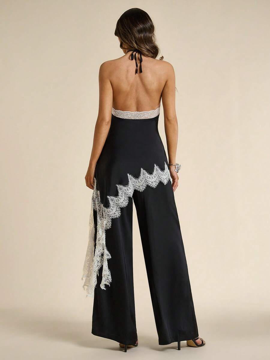Detail view of Elegant Black Lace Patchwork 2-Piece Summer Set for Charming Looks for women styling