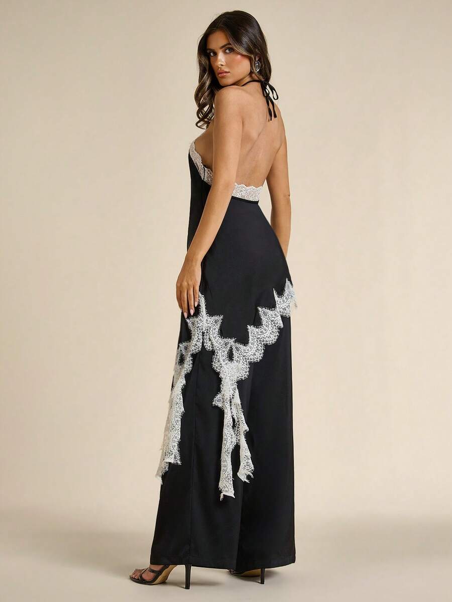 Fabric detail of Elegant Black Lace Patchwork 2-Piece Summer Set for Charming Looks for women styling
