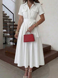White belted A-line midi dress with chest pockets