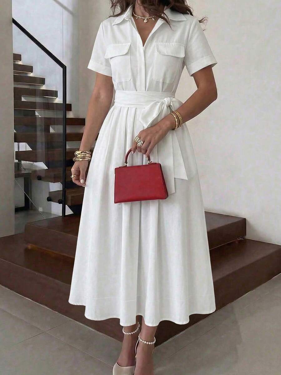 White belted A-line midi dress with chest pockets