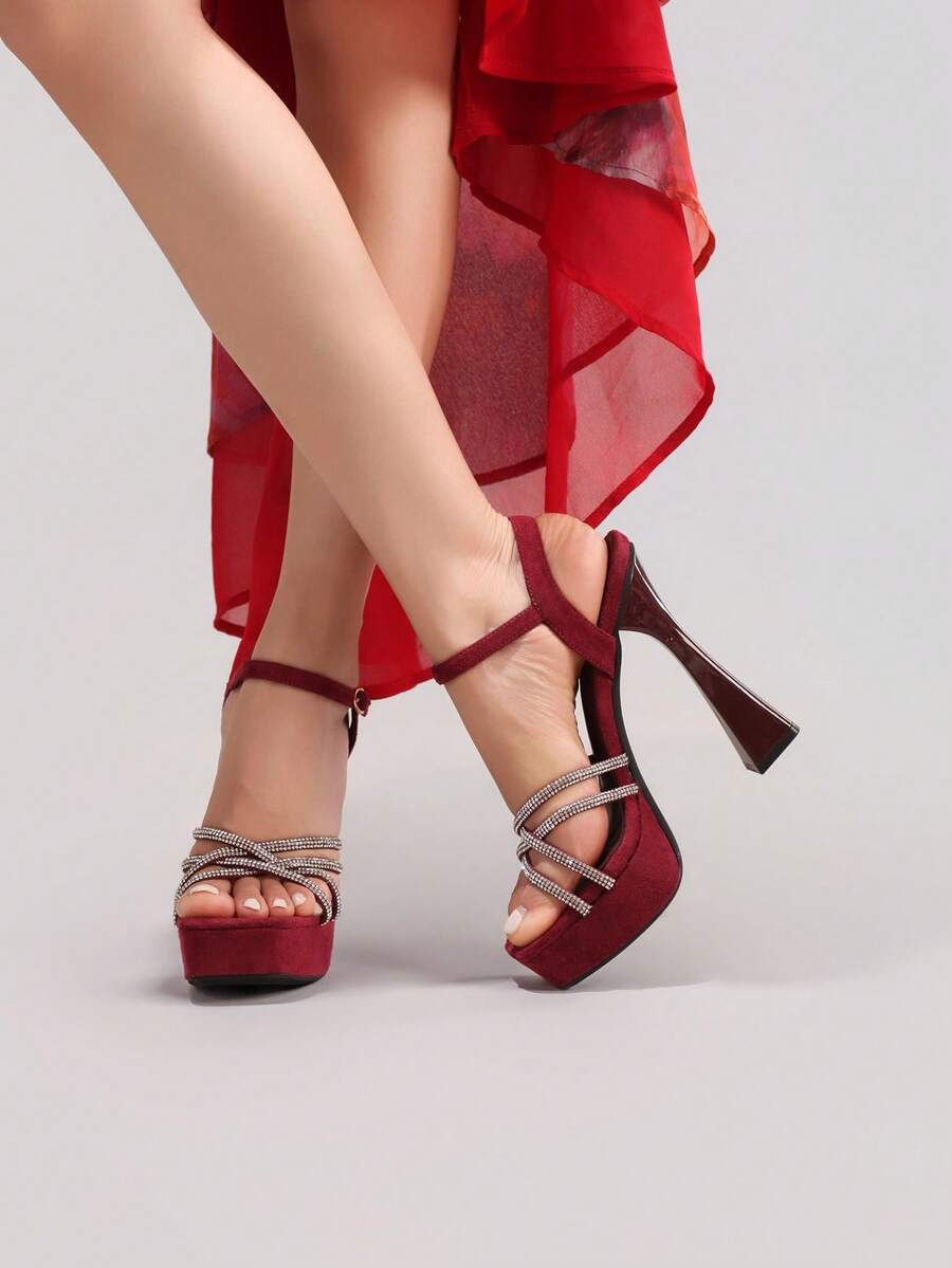 Burgundy rhinestone platform sandal view 2 with open toe and ankle strap