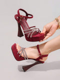 Burgundy rhinestone platform sandal view 1 with open toe and ankle strap