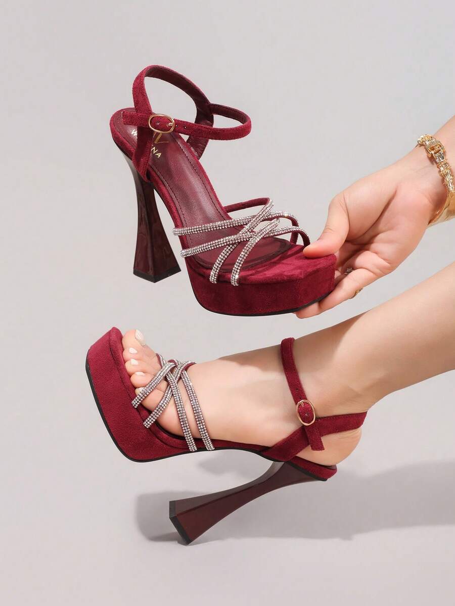 Burgundy rhinestone platform sandal view 1 with open toe and ankle strap