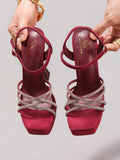 Brown crisscross platform sandal view 6 with open toe and ankle strap