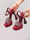 Brown crisscross platform sandal view 5 with open toe and ankle strap