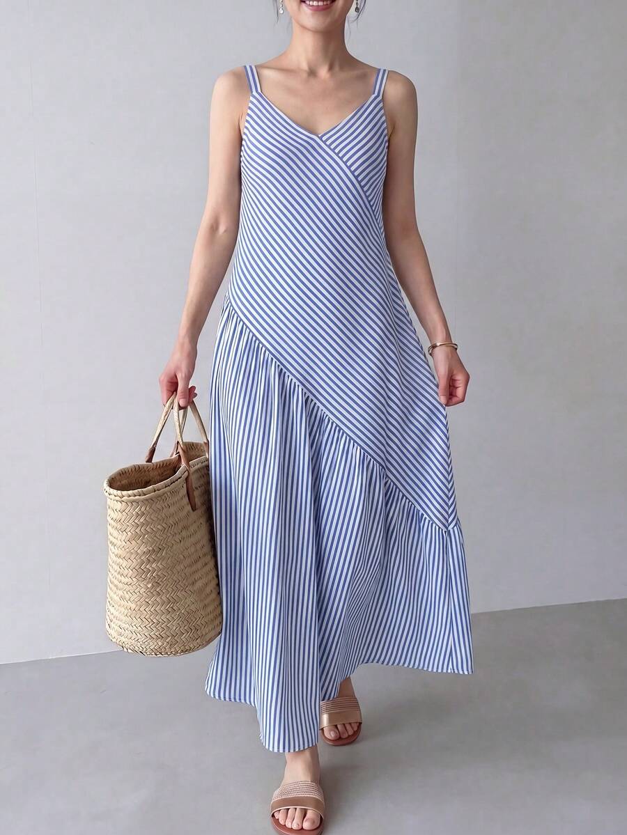 Blue and white striped cami maxi dress front view