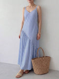 Blue and white striped cami maxi dress back view
