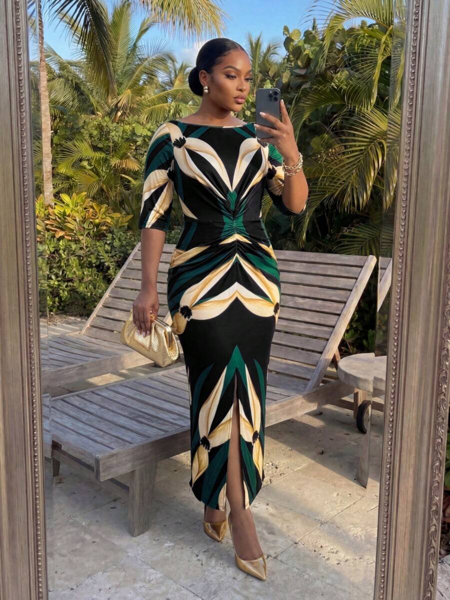Fabric detail of Plus Size Women’s Striped Contrast Color Ruched Front Dress with Slit - Stylish and Chic