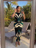 Full length view of Plus Size Women’s Striped Contrast Color Ruched Front Dress with Slit - Stylish and Chic