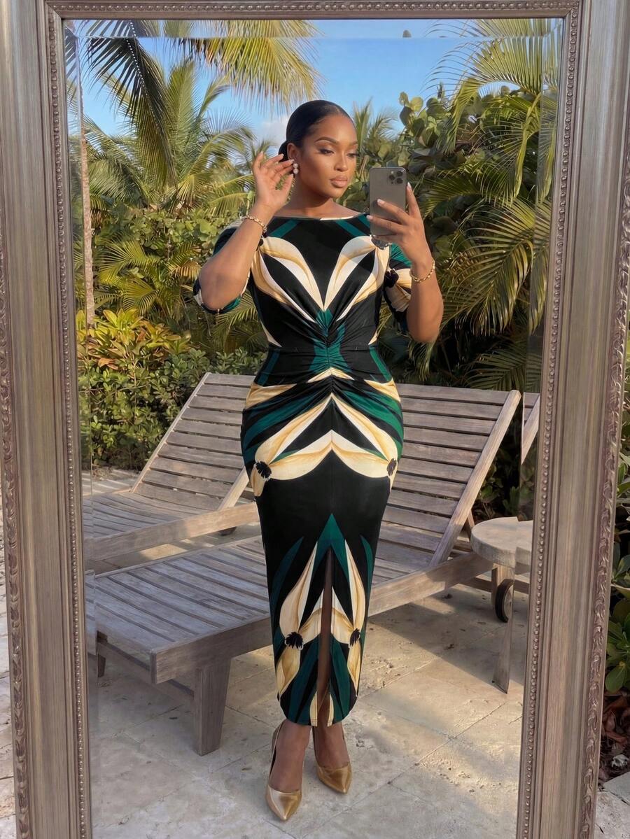 Full length view of Plus Size Women’s Striped Contrast Color Ruched Front Dress with Slit - Stylish and Chic