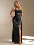 satin corset cowl neck maxi dress in dusty rose, champagne, ice blue and black with spaghetti straps, structured boned waist panel, ruched bust, draped hip sash and high thigh slit image 7