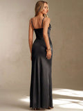 satin corset cowl neck maxi dress in dusty rose, champagne, ice blue and black with spaghetti straps, structured boned waist panel, ruched bust, draped hip sash and high thigh slit image 8