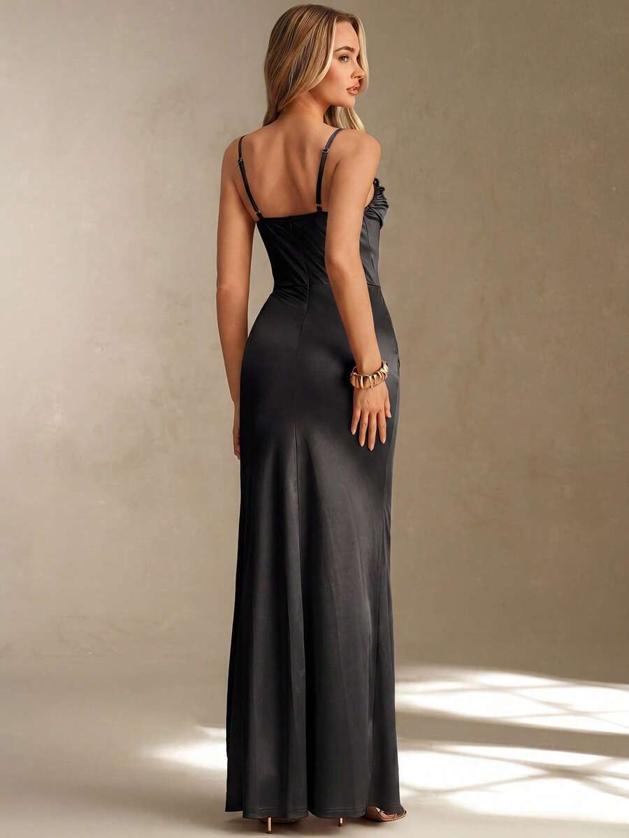 satin corset cowl neck maxi dress in dusty rose, champagne, ice blue and black with spaghetti straps, structured boned waist panel, ruched bust, draped hip sash and high thigh slit image 8
