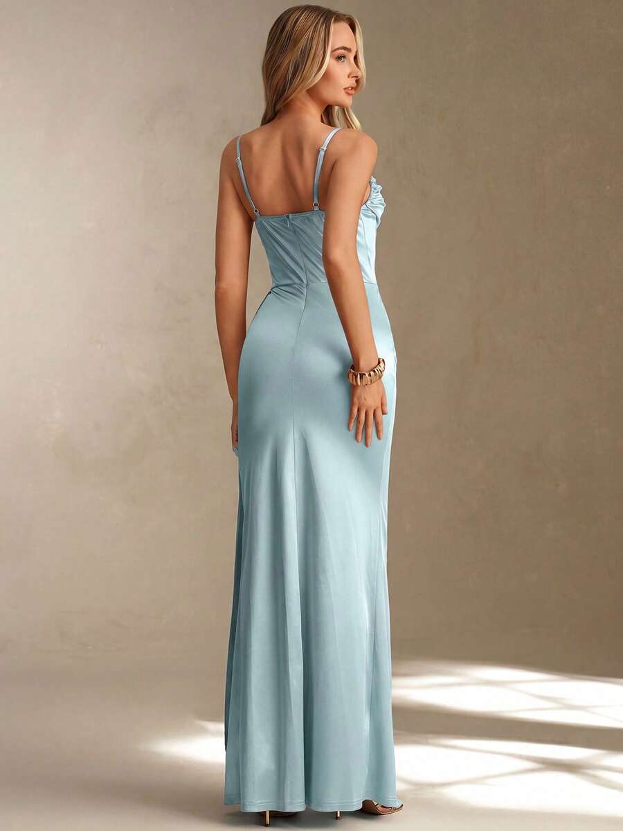satin corset cowl neck maxi dress in dusty rose, champagne, ice blue and black with spaghetti straps, structured boned waist panel, ruched bust, draped hip sash and high thigh slit image 14
