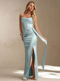 satin corset cowl neck maxi dress in dusty rose, champagne, ice blue and black with spaghetti straps, structured boned waist panel, ruched bust, draped hip sash and high thigh slit image 3
