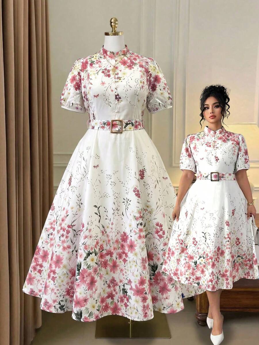 Image 1 - front view of Elegant Floral Print Long Sleeve Dress with Waist Buckle for Spring and Autumn Fashion
