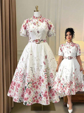Image 1 - front view of Elegant Floral Print Long Sleeve Dress with Waist Buckle for Spring and Autumn Fashion