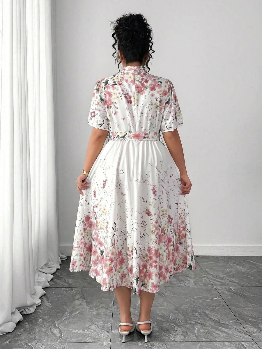 Image 1 - front view of Elegant Floral Print Long Sleeve Dress with Waist Buckle for Spring and Autumn Fashion