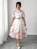Image 3 - back view of Elegant Floral Print Long Sleeve Dress with Waist Buckle for Spring and Autumn Fashion