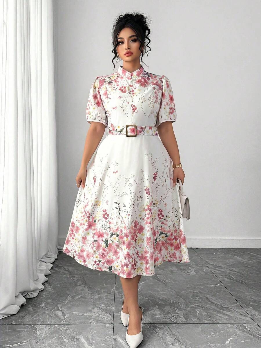 Image 3 - back view of Elegant Floral Print Long Sleeve Dress with Waist Buckle for Spring and Autumn Fashion