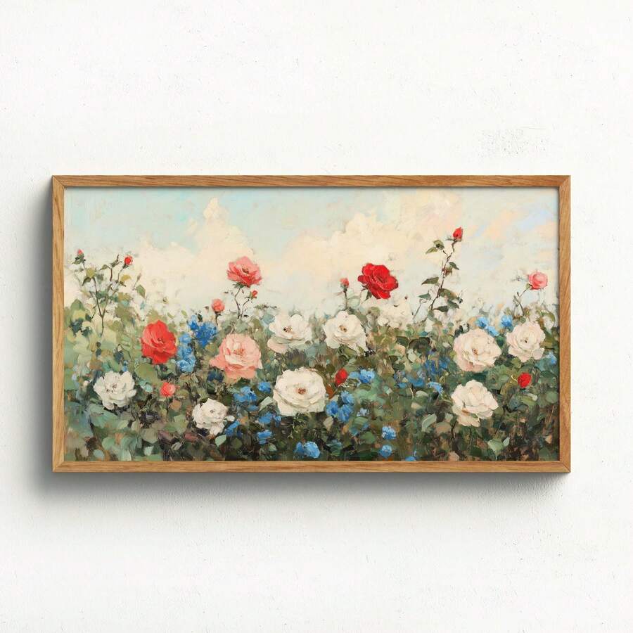 Bedroom view of panoramic vintage rose garden canvas wall art above bed