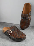 Top and front view of black-brown translucent woven clogs