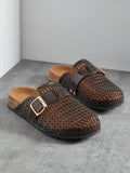 Front three-quarter product view of black-brown woven clog mules
