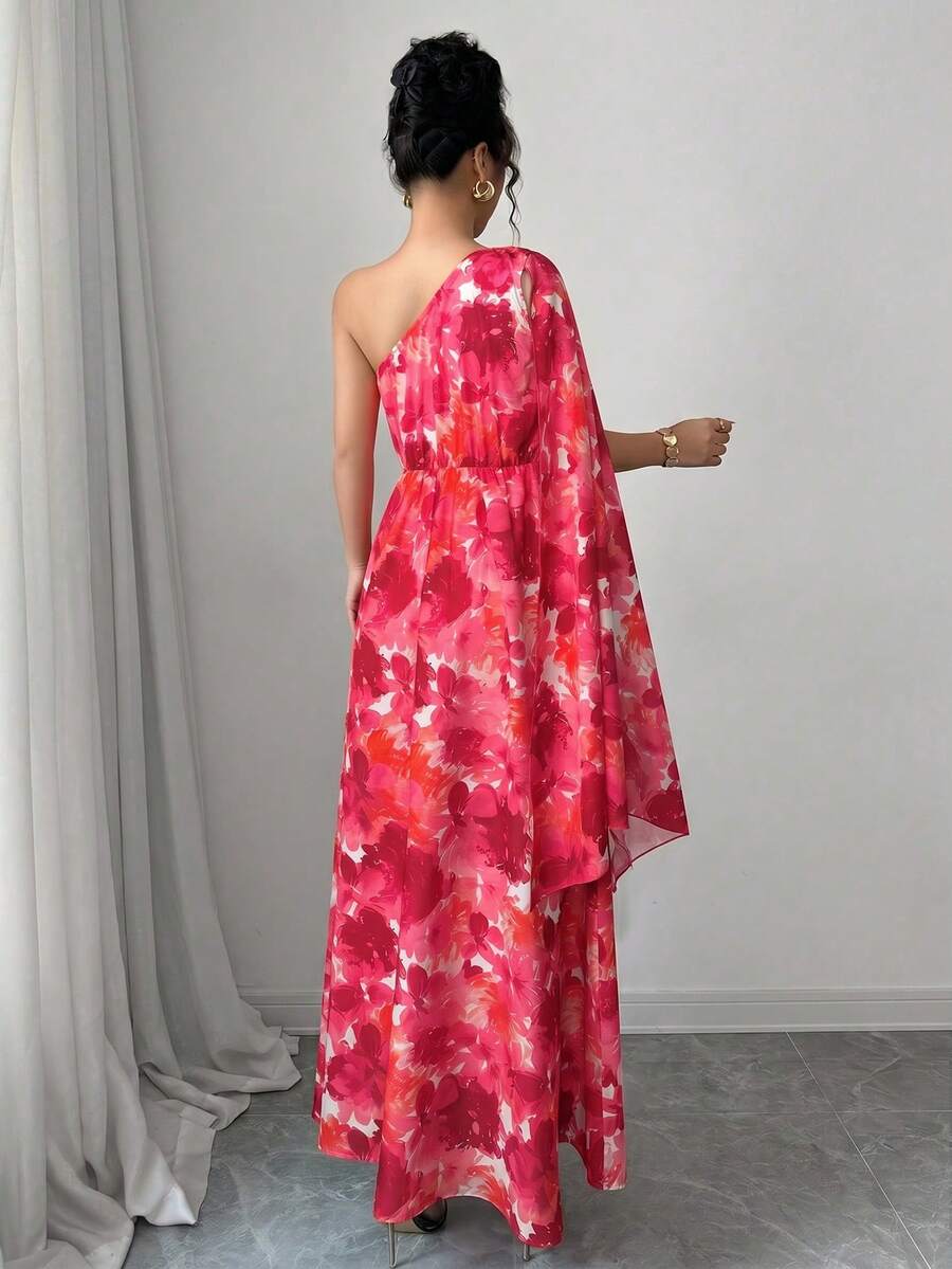 Front view of asymmetric floral maxi dress for elegant vacation style