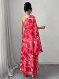 Front view of asymmetric floral maxi dress for elegant vacation style