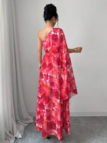 Front view of asymmetric floral maxi dress for elegant vacation style