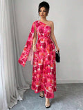 Side view of women's floral maxi dress with asymmetrical neckline