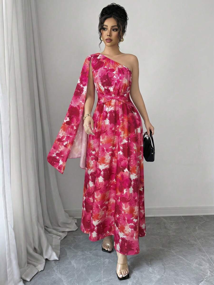 Side view of women's floral maxi dress with asymmetrical neckline